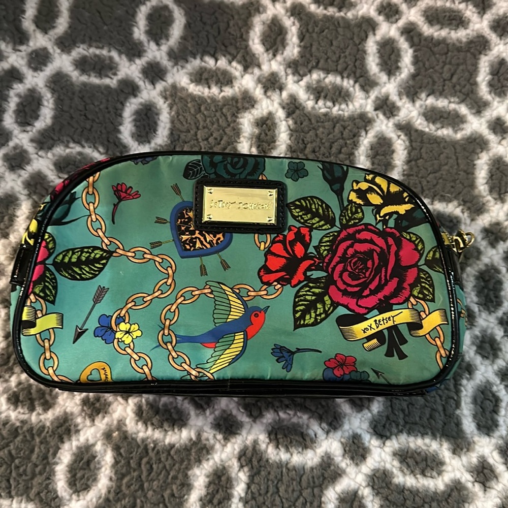 Betsey Johnson xox Betsey Stripe Rose Birds Cosmetic Travel Makeup Bag